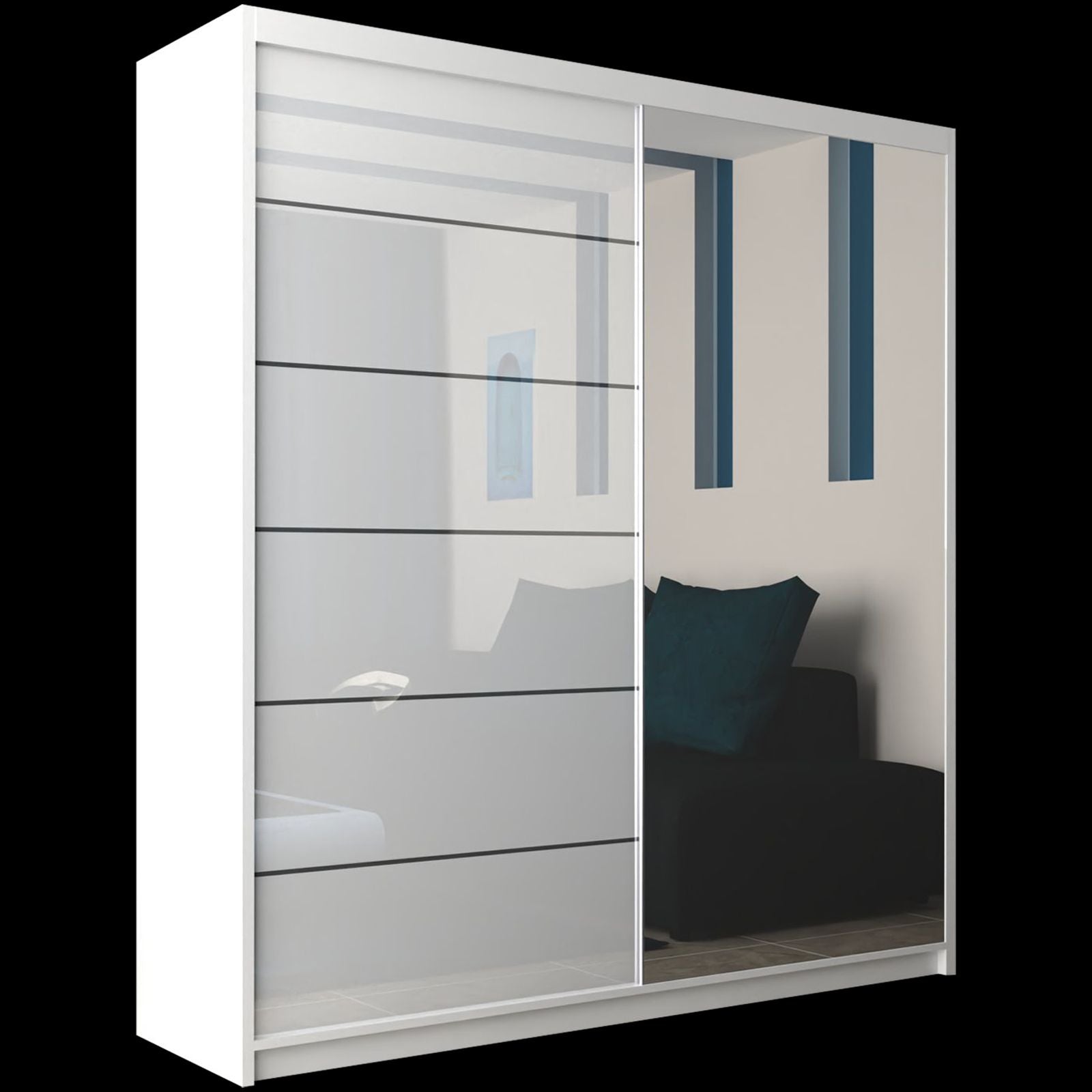 CHOICEWARDROBE High Gloss Double Sliding Wardrobe with LED Light W 150 x H 217 x D 62 in White – image 2