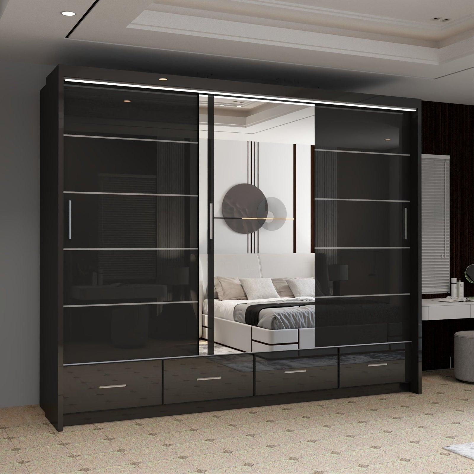 CHOICEWARDROBE Luxury High Gloss Sliding Wardrobe with LED Light W255cm x H220cm in Black – image 1