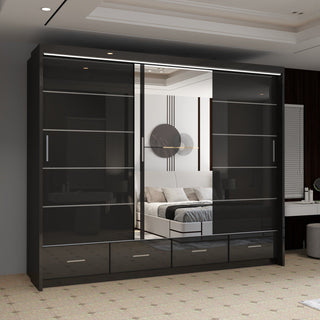 CHOICEWARDROBE Luxury High Gloss Sliding Wardrobe with LED Light W255cm x H220cm in Black – image 1