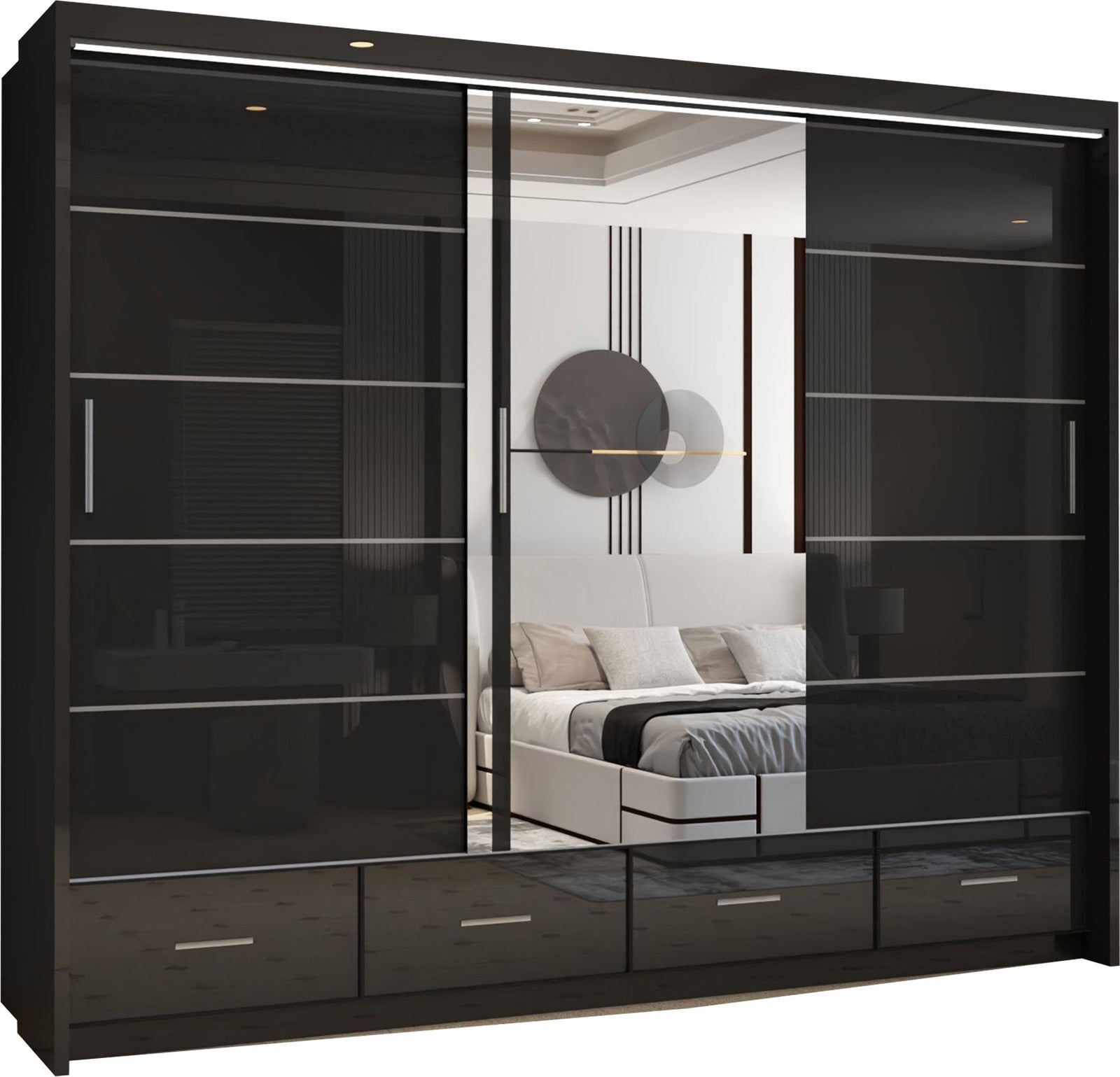 CHOICEWARDROBE Luxury High Gloss Sliding Wardrobe with LED Light W255cm x H220cm in Black – image 2