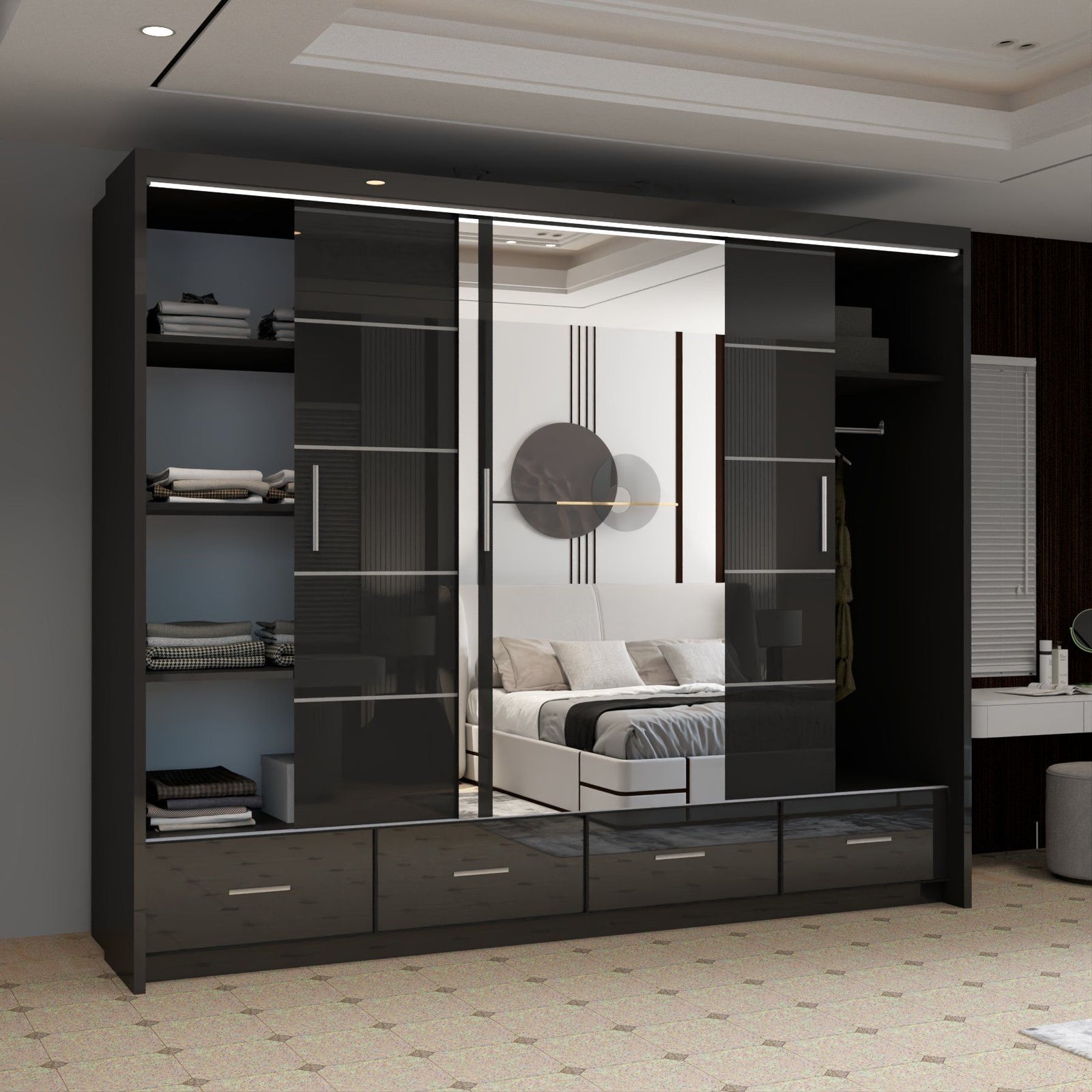 CHOICEWARDROBE Luxury High Gloss Sliding Wardrobe with LED Light W255cm x H220cm in Black – image 3