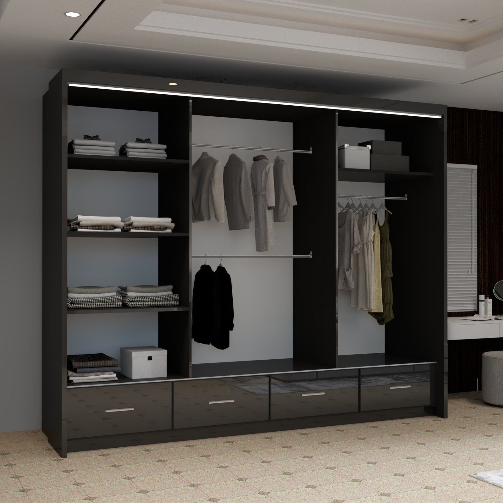 CHOICEWARDROBE Luxury High Gloss Sliding Wardrobe with LED Light W255cm x H220cm in Black – image 4