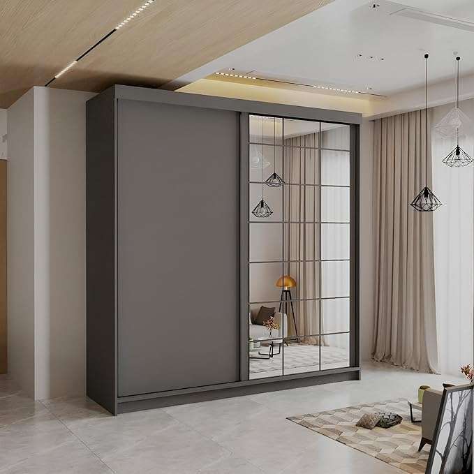 CHOICEWARDROBE Modern Sliding Wardrobe with LED Light W 200 x H 217 x D 62 in Grey – image 1