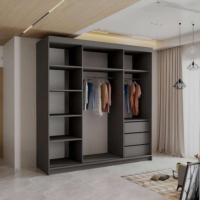 CHOICEWARDROBE Modern Sliding Wardrobe with LED Light W 200 x H 217 x D 62 in Grey – image 3