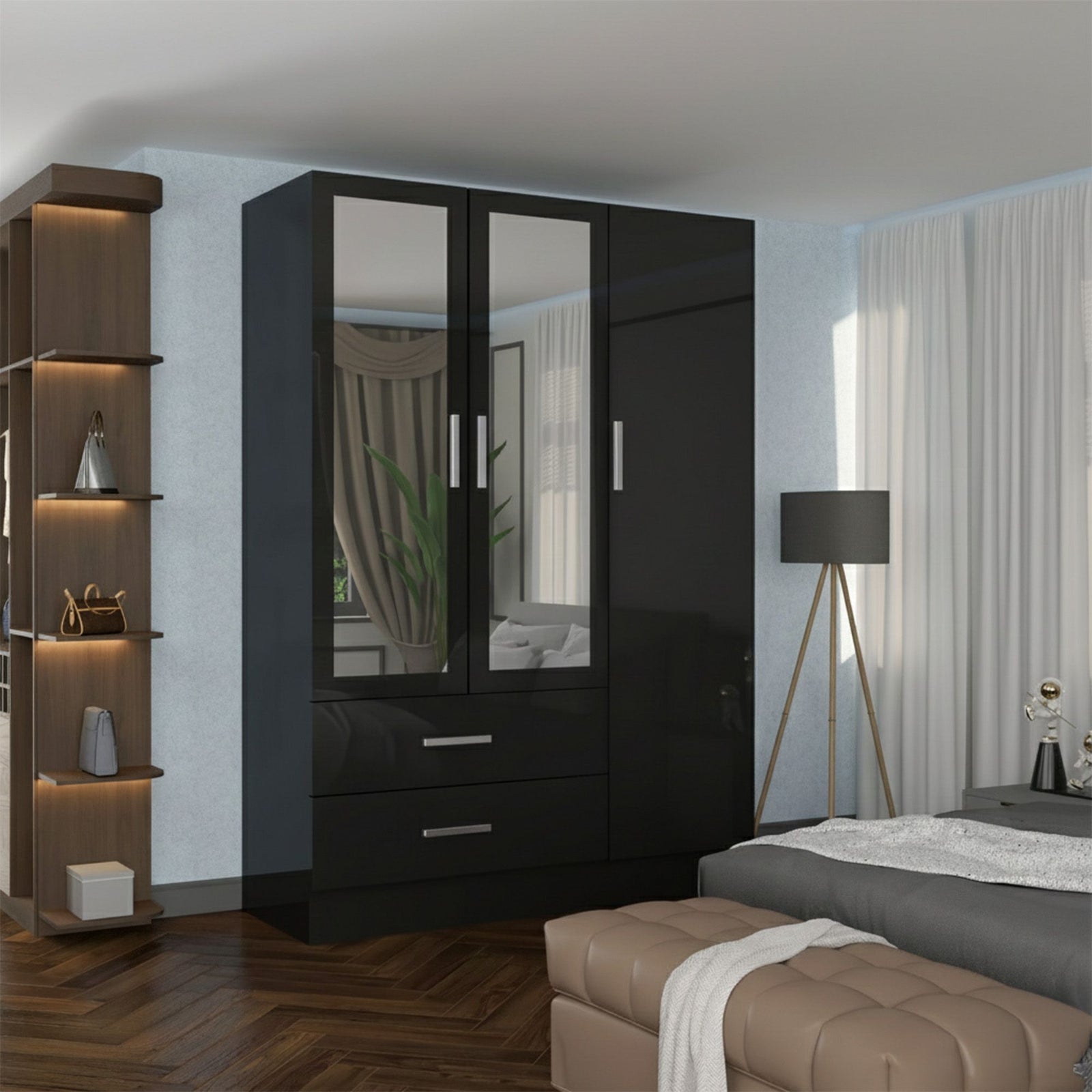 CHOICEWARDROBE Modern High Gloss 3 Door Hinged Wardrobe W120cm x H200cm in Black – image 1