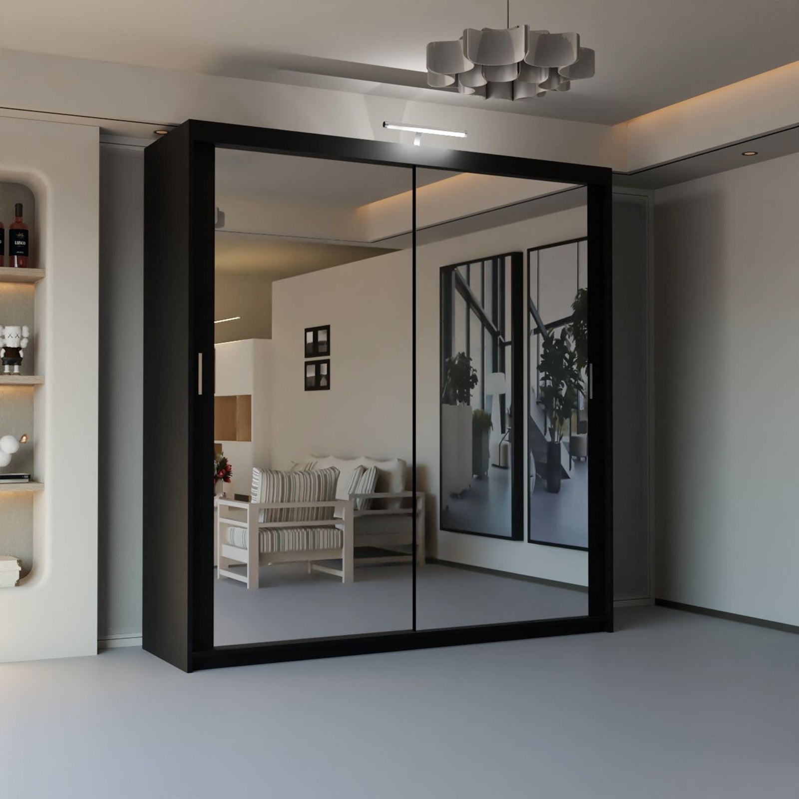 CHOICEWARDROBE Modern Mirror Sliding Wardrobe with Top LED Light W100cm x H217cm in Black – image 1