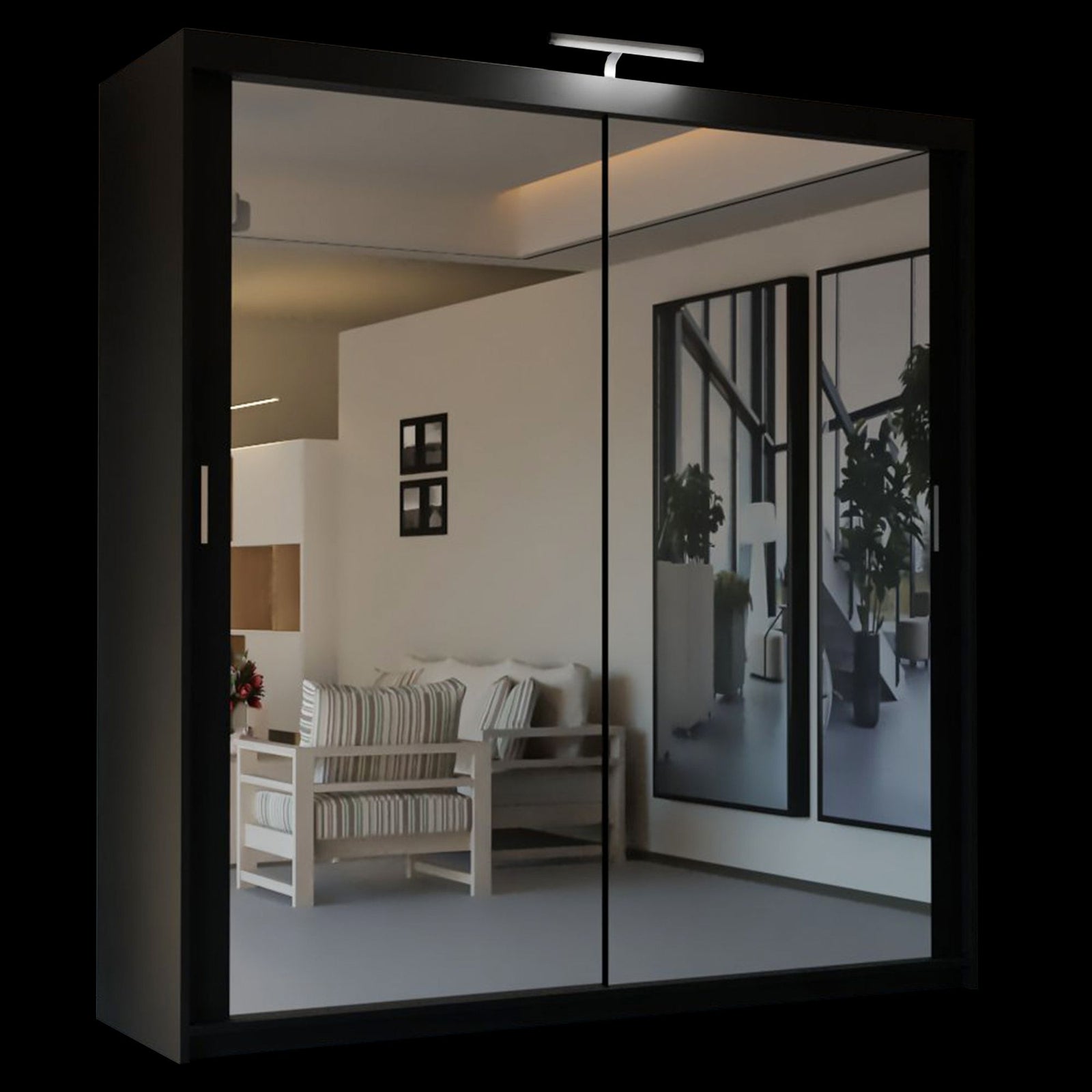 CHOICEWARDROBE Modern Mirror Sliding Wardrobe with Top LED Light W100cm x H217cm in Black – image 2