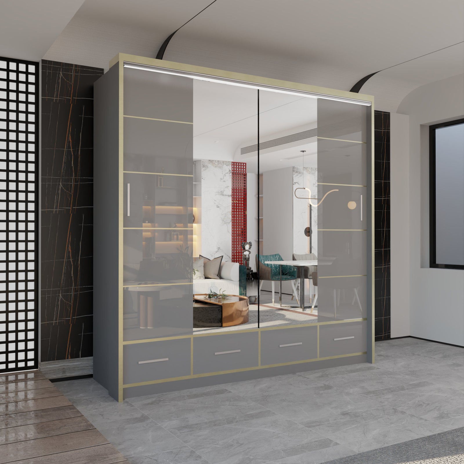 CHOICEWARDROBE Modern Gloss Wardrobe with LED Light & Mirror Doors 203×220cm in Grey – image 1