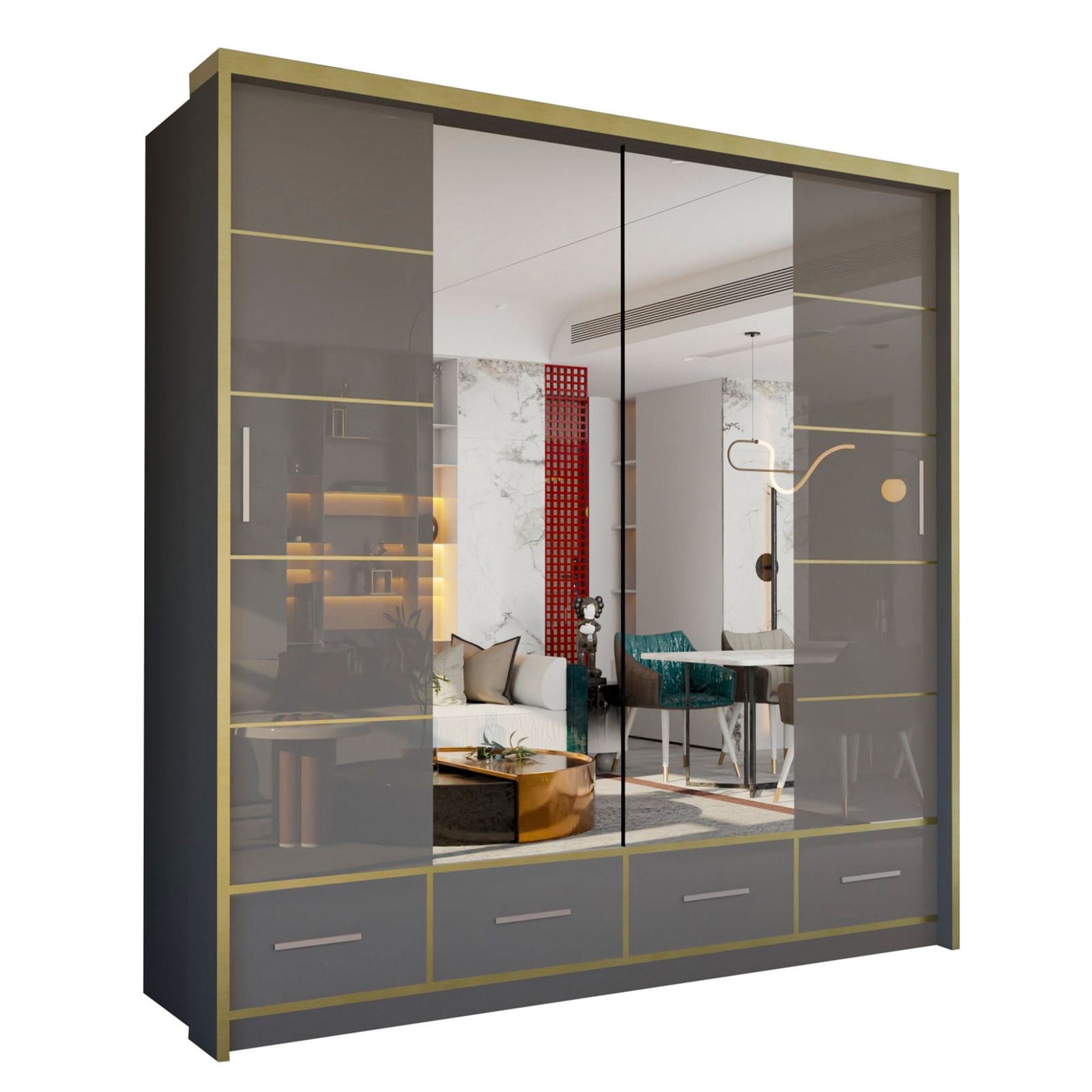 CHOICEWARDROBE Modern Gloss Wardrobe with LED Light & Mirror Doors 203×220cm in Grey – image 2