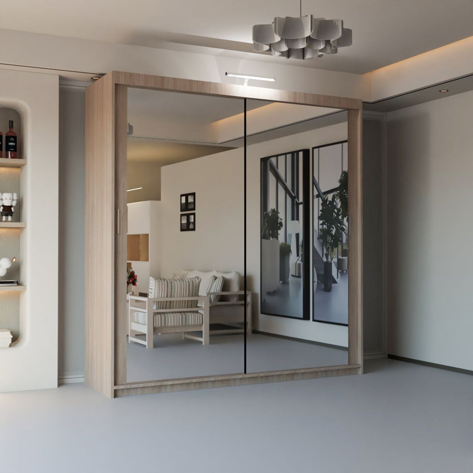 CHOICEWARDROBE Modern Mirror Sliding Wardrobe with Top LED Light W100cm x H217cm in Light Oak – image 1