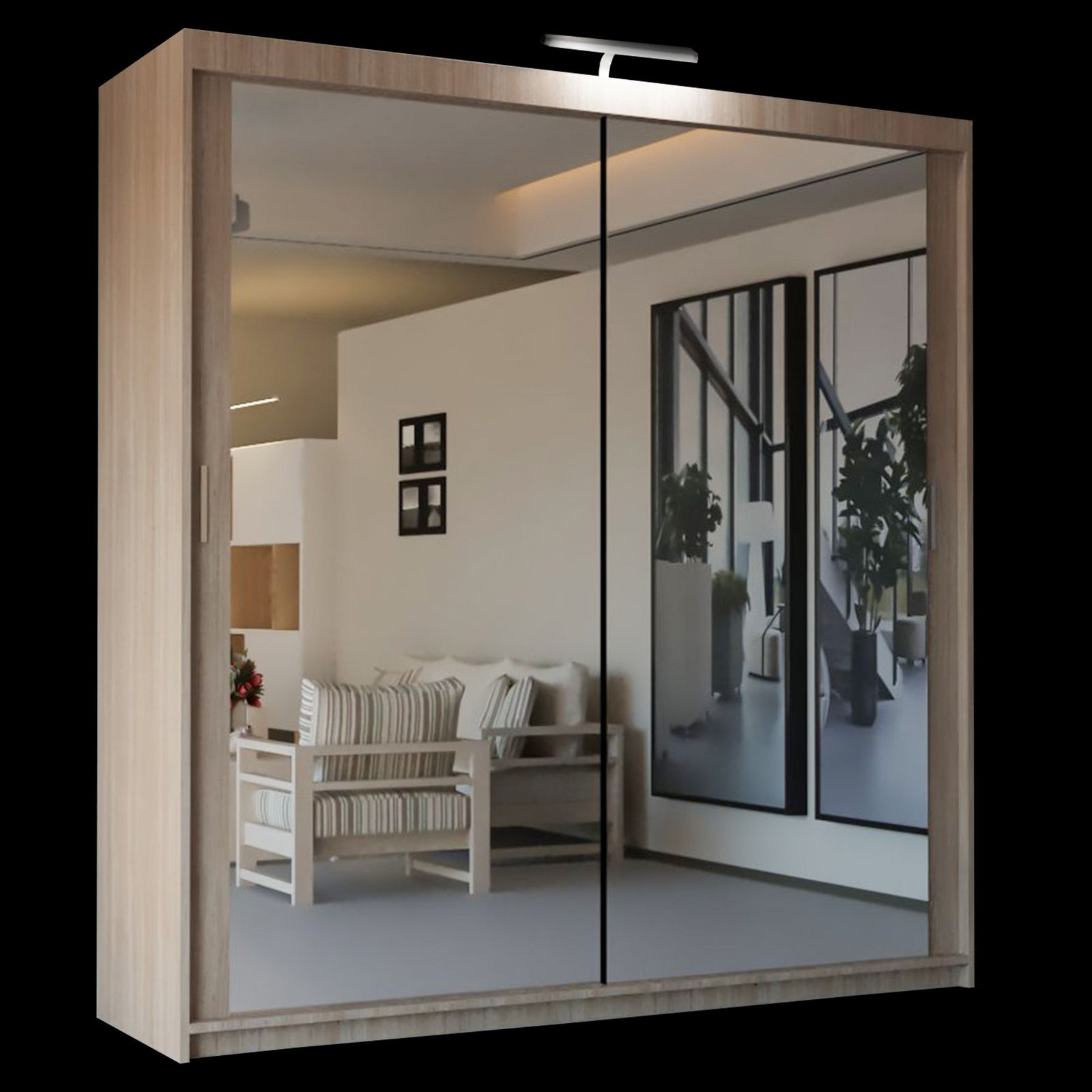 CHOICEWARDROBE Modern Mirror Sliding Wardrobe with Top LED Light W100cm x H217cm in Light Oak – image 2