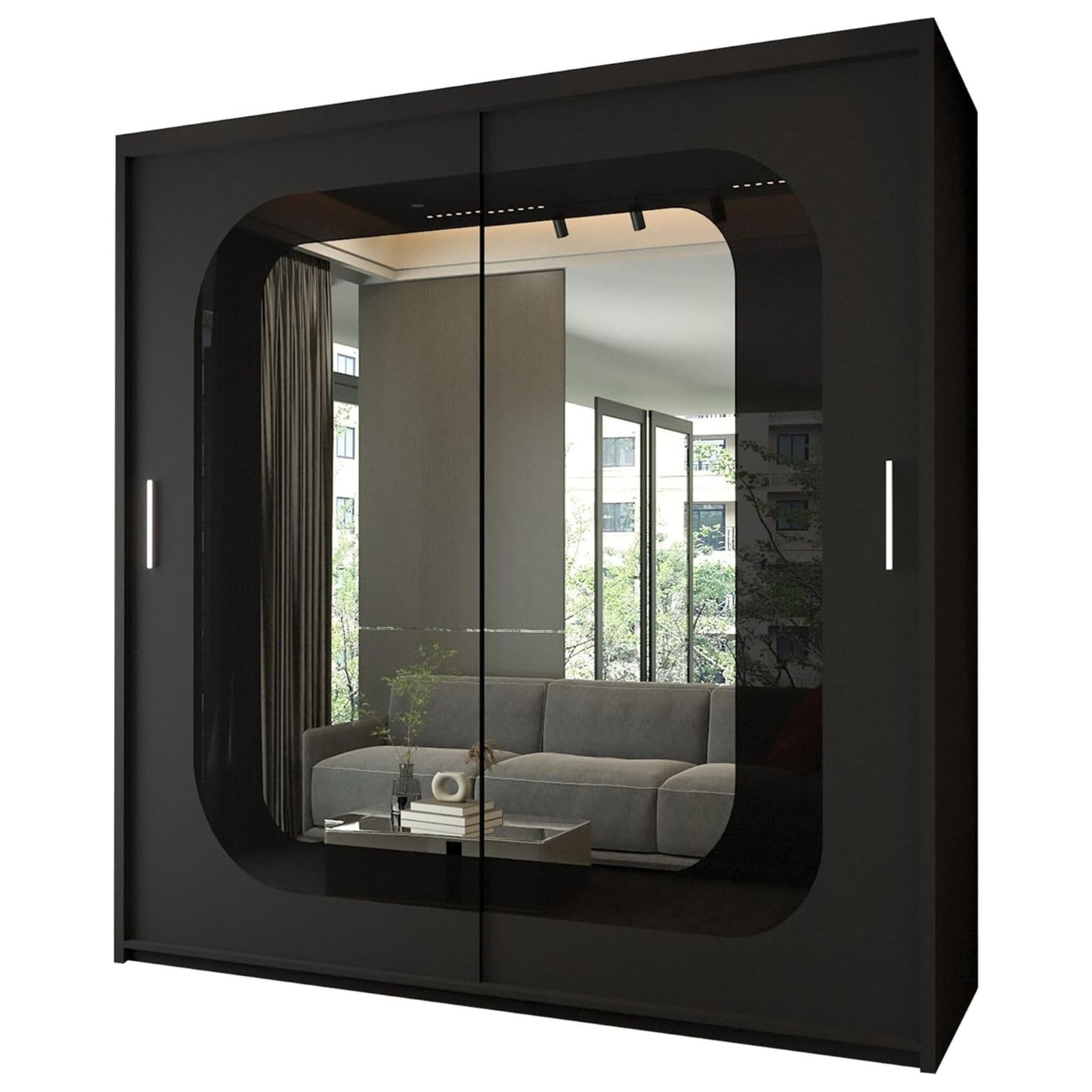 CHOICEWARDROBE Modern Double Door Sliding Wardrobe With LED Light W203cm x H217cm in Black – image 2
