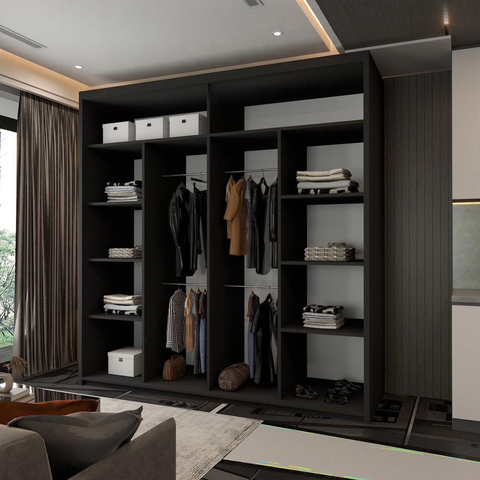 CHOICEWARDROBE Modern Double Door Sliding Wardrobe With LED Light W203cm x H217cm in Black – image 3