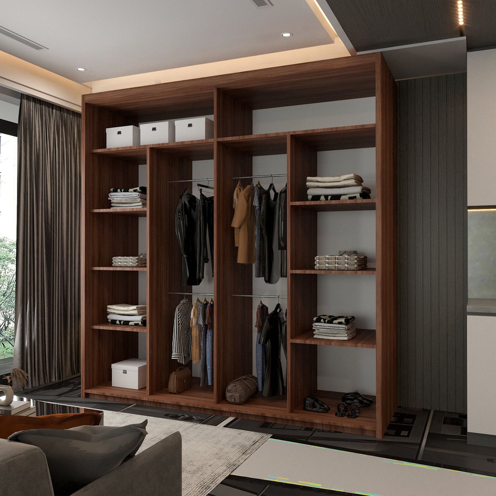 CHOICEWARDROBE Modern Double Door Sliding Wardrobe With LED Light W203cm x H217cm in Walnut – image 3