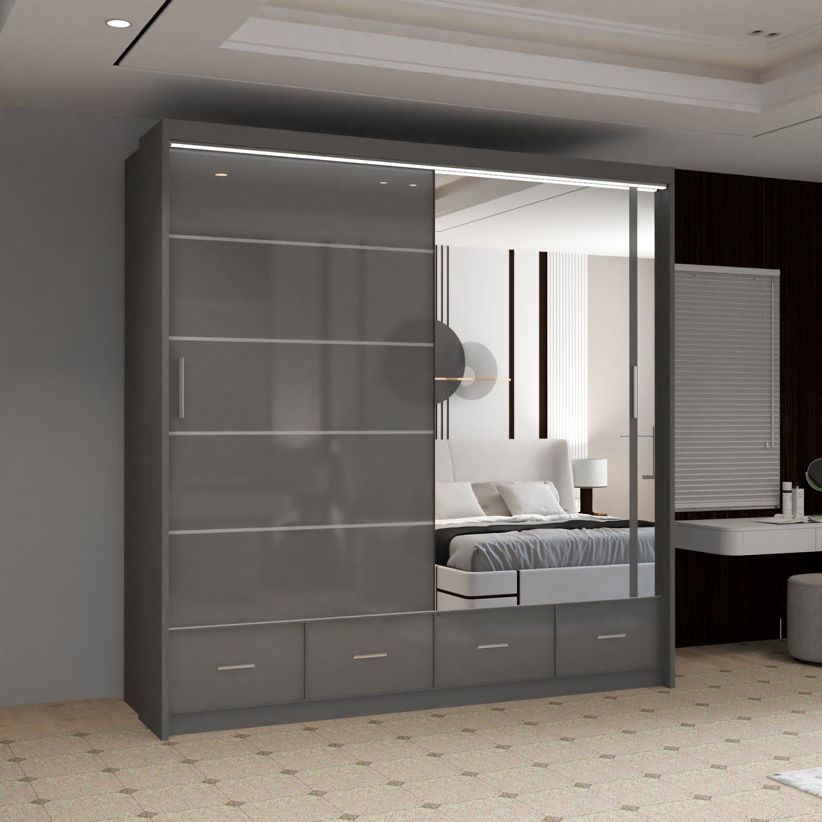 CHOICEWARDROBE Luxury High Gloss Sliding Wardrobe with LED Light W208cm x H220cm in Grey – image 1