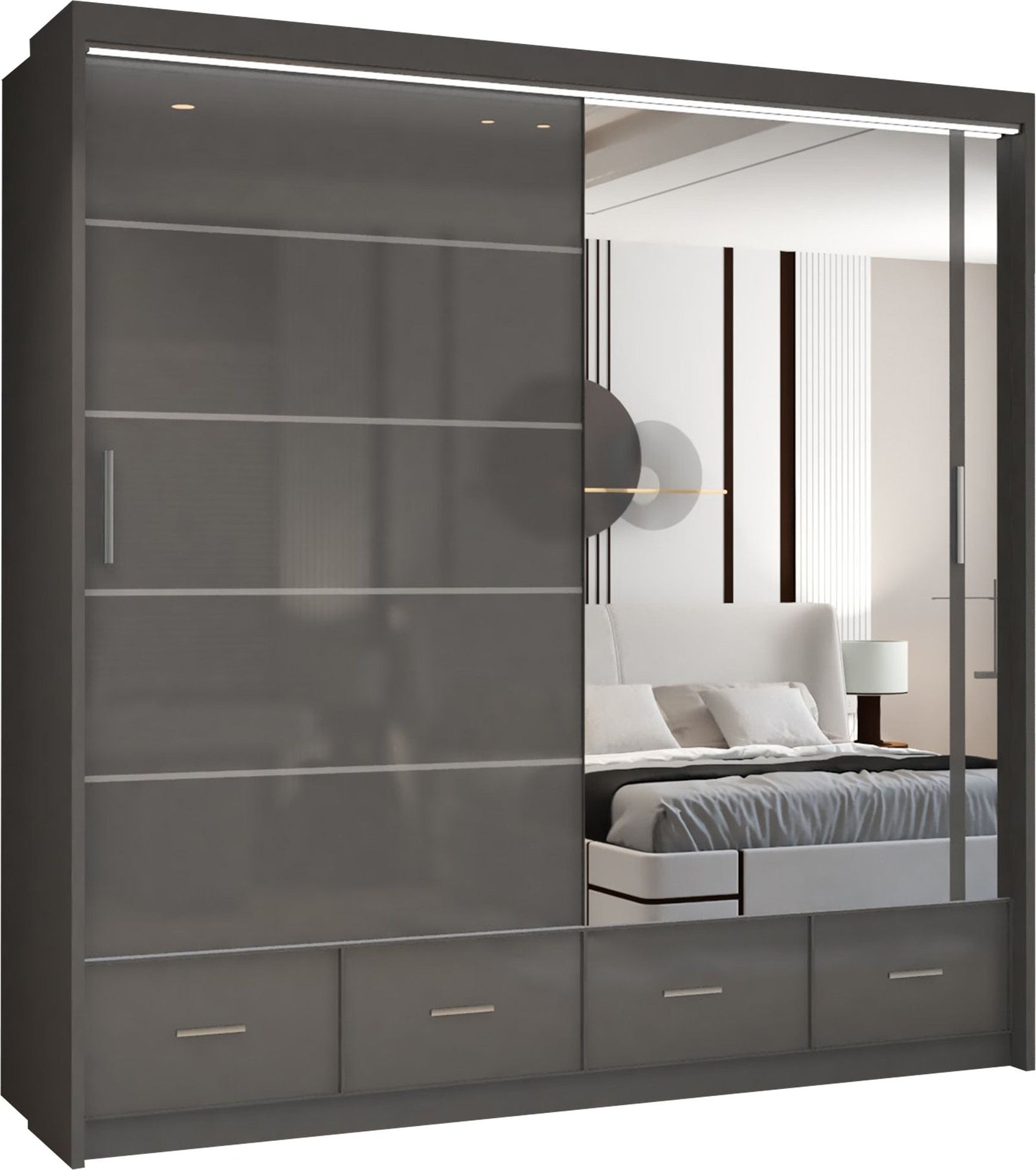 CHOICEWARDROBE Luxury High Gloss Sliding Wardrobe with LED Light W208cm x H220cm in Grey – image 2
