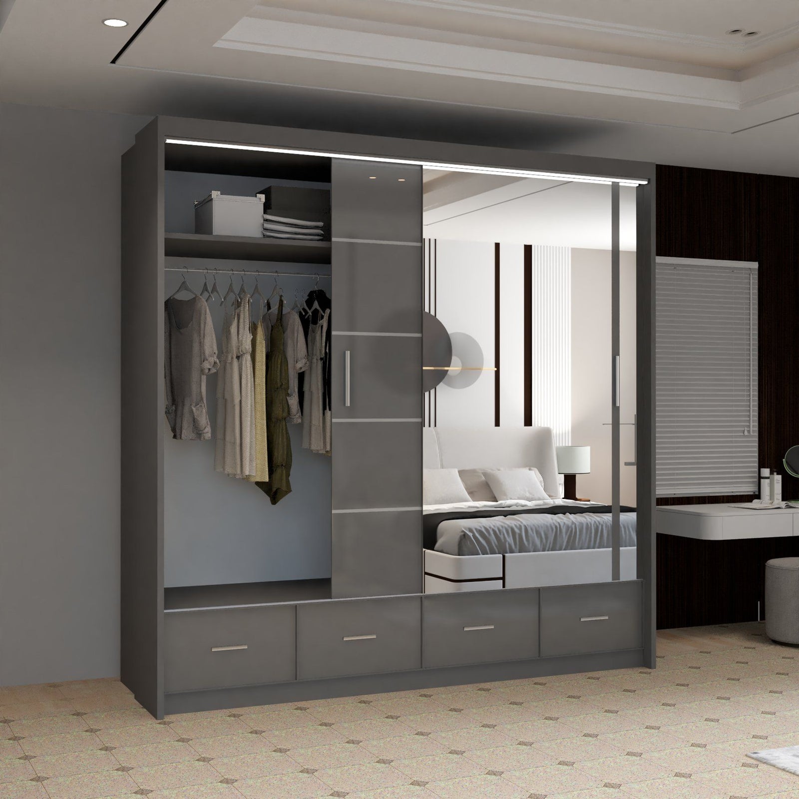 CHOICEWARDROBE Luxury High Gloss Sliding Wardrobe with LED Light W208cm x H220cm in Grey – image 3