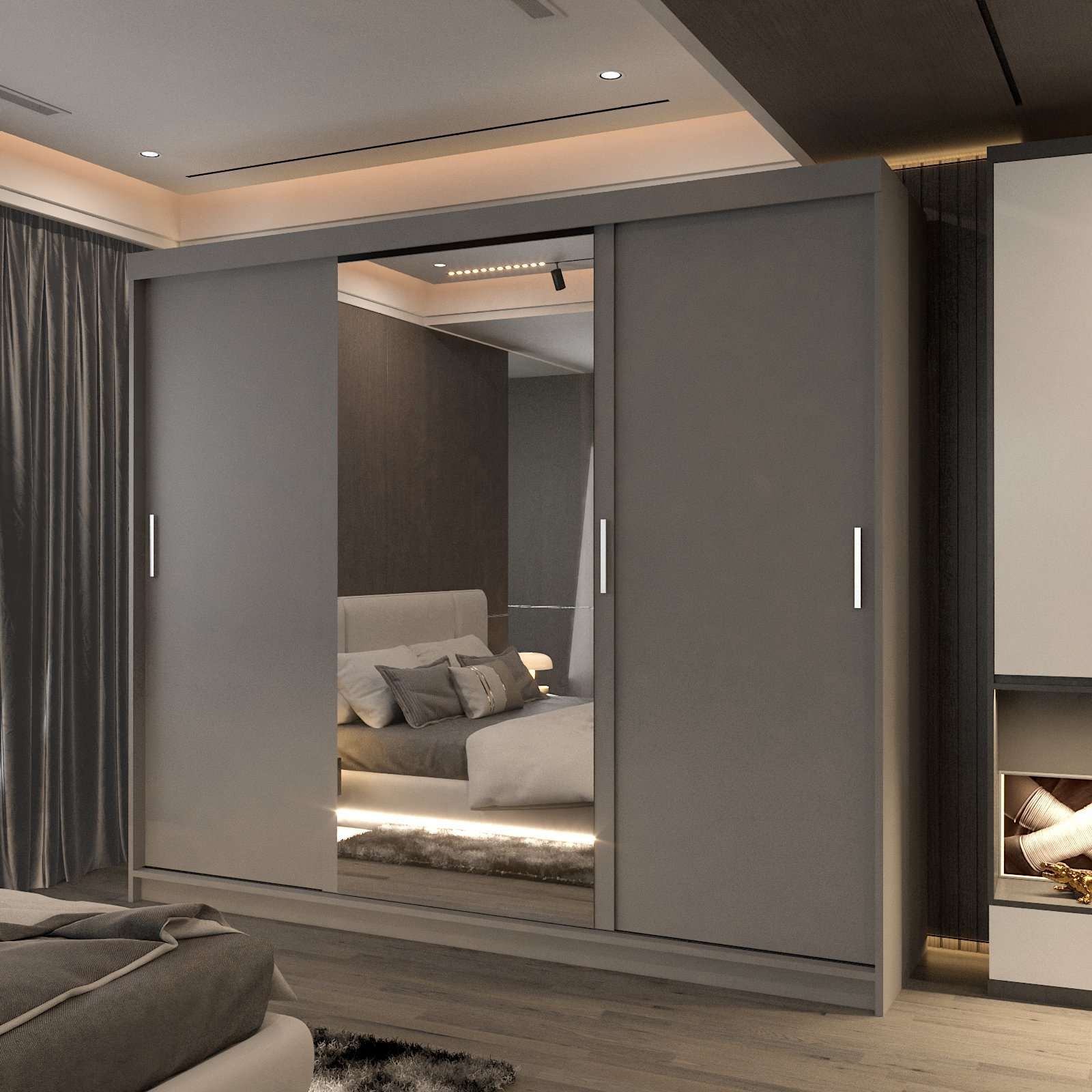 CHOICEWARDROBE Large Sliding Mirror Wardrobe with LED Modern Storage W250cm x H217cm in Grey – image 1