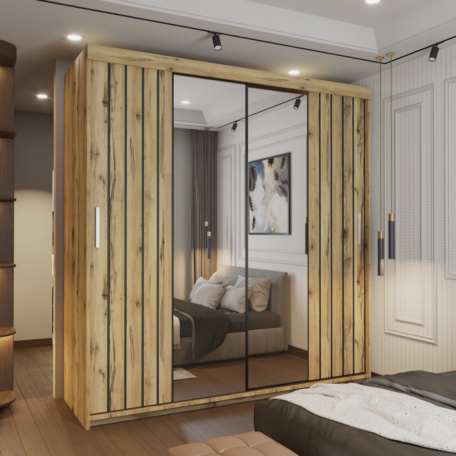 CHOICEWARDROBE Modern Double Sliding Wardrobe with LED Light W150cm x H217cm x D62cm in Light Oak – image 1