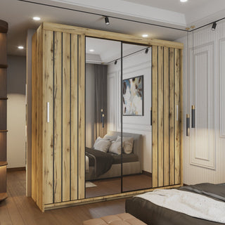 CHOICEWARDROBE Modern Double Sliding Wardrobe with LED Light W150cm x H217cm x D62cm in Light Oak – image 1