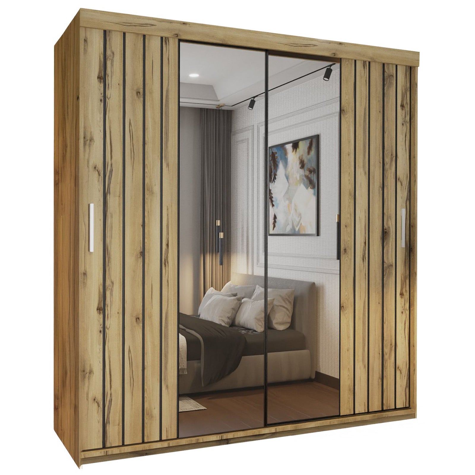 CHOICEWARDROBE Modern Double Sliding Wardrobe with LED Light W150cm x H217cm x D62cm in Light Oak – image 2