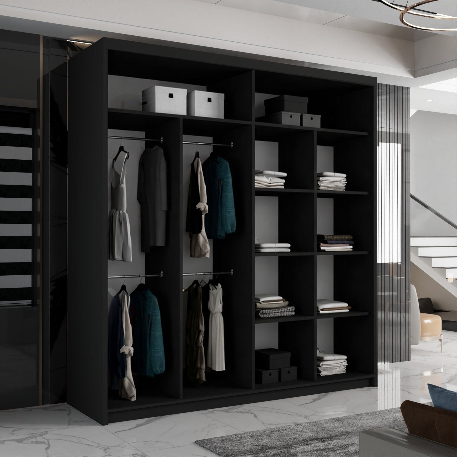 CHOICEWARDROBE Modern Sliding Wardrobe with LED Light W203cm x H217cm x D62cm in Black – image 4