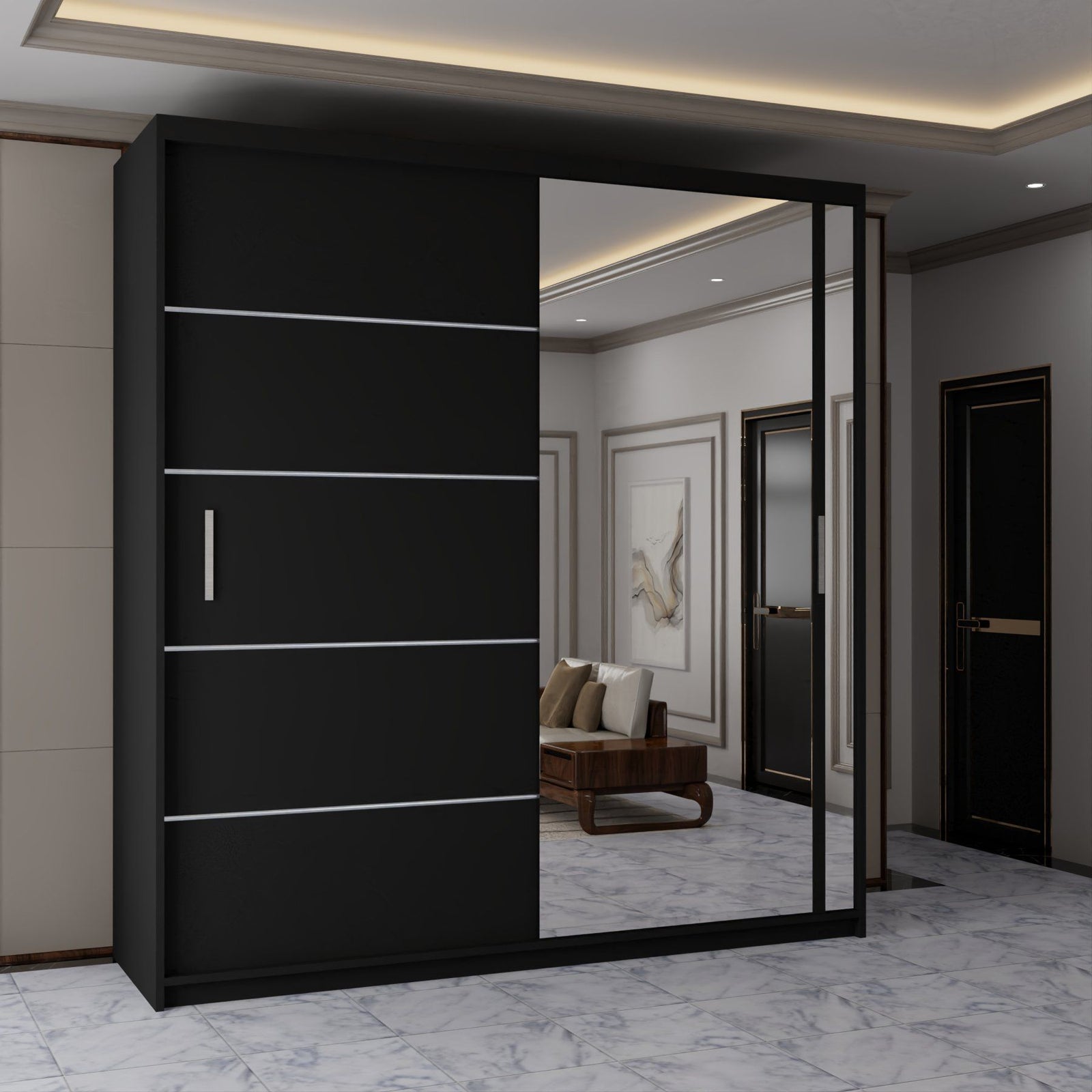 CHOICEWARDROBE Contemporary 2-Door Sliding Wardrobe with Mirror Door W180cm x H217cm in Black – image 1