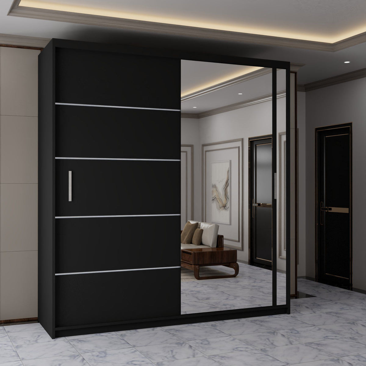 CHOICEWARDROBE Contemporary 2-Door Sliding Wardrobe with Mirror Door W180cm x H217cm in Black – image 1