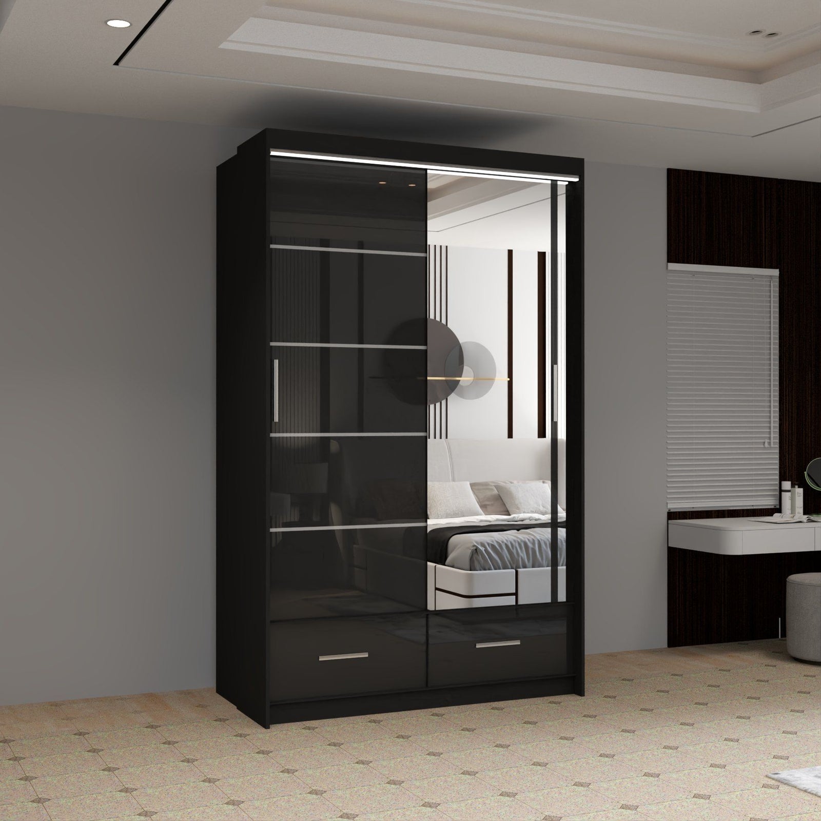 CHOICEWARDROBE Luxury High Gloss Sliding Wardrobe with LED Light W150cm x H220cm in Black – image 1