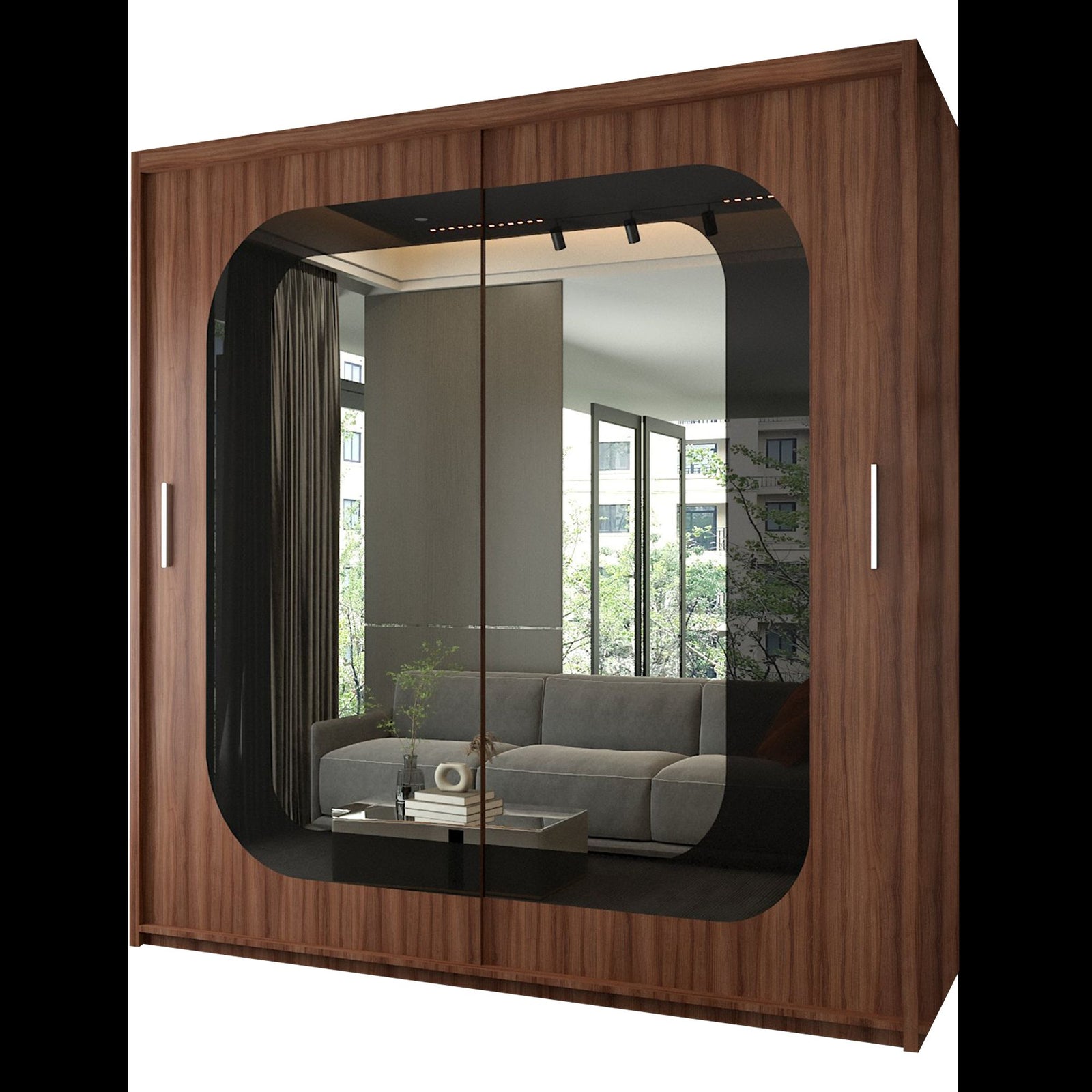 CHOICEWARDROBE Modern Double Door Sliding Wardrobe With LED Light W150cm x H217cm in Walnut – image 2