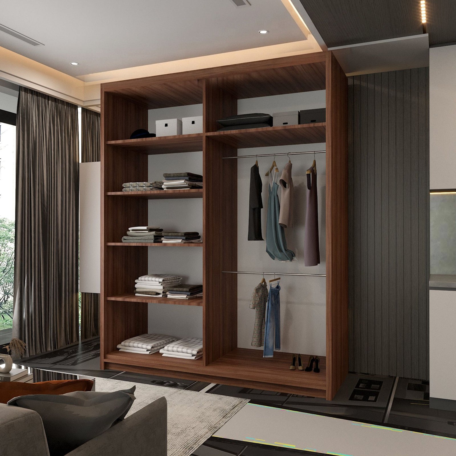 CHOICEWARDROBE Modern Double Door Sliding Wardrobe With LED Light W150cm x H217cm in Walnut – image 3