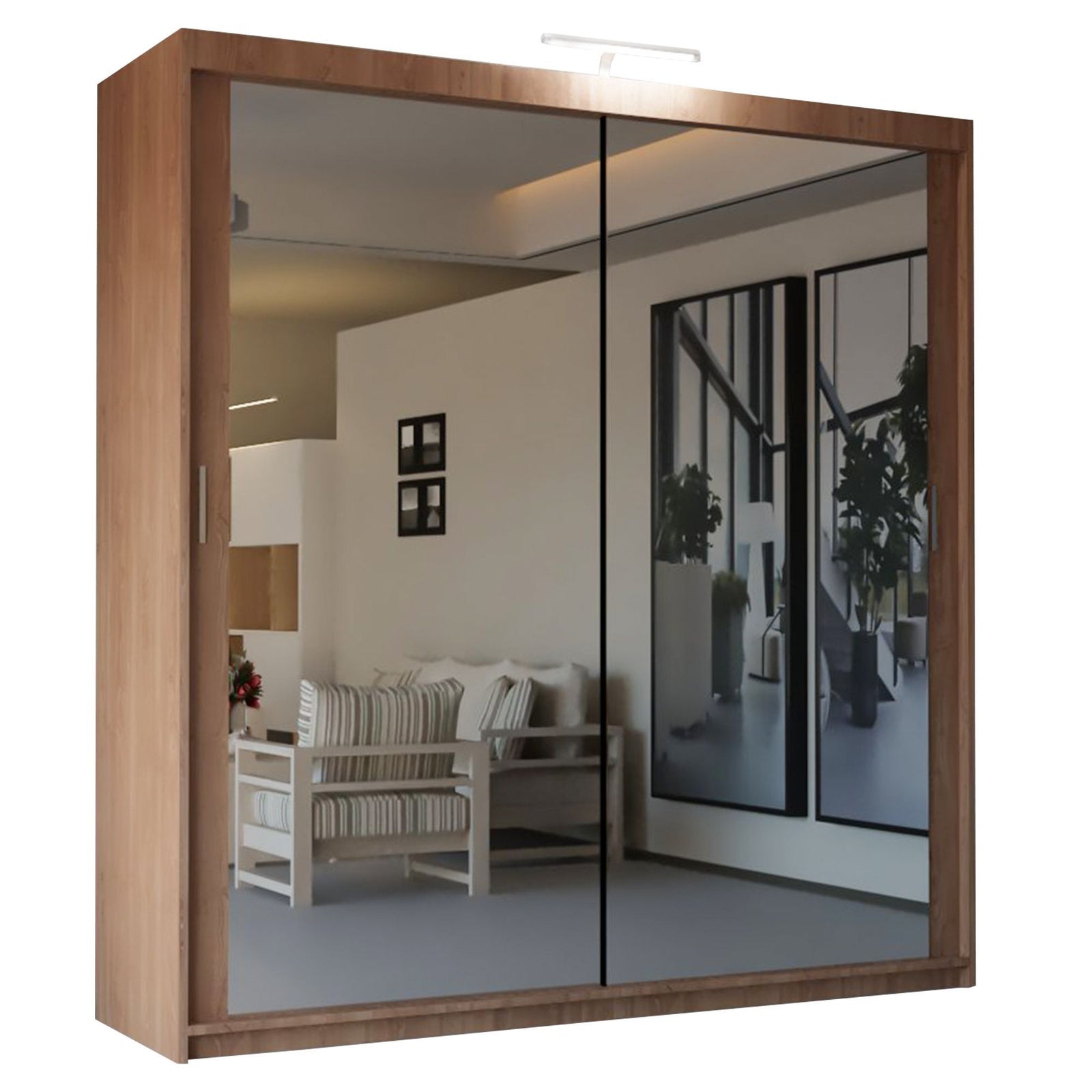 CHOICEWARDROBE Modern Mirror Sliding Wardrobe with Top LED Light W150cm x H217cm in Walnut – image 3