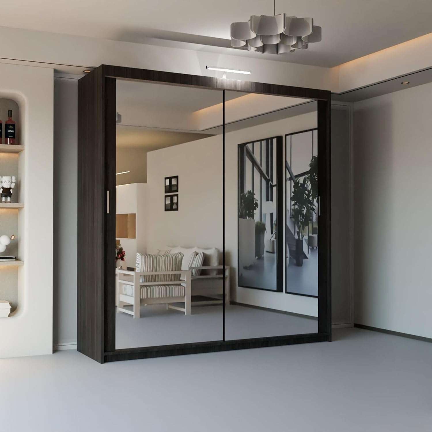 CHOICEWARDROBE Modern Mirror Sliding Wardrobe with Top LED Light W150cm x H217cm in Dark Brown – image 1