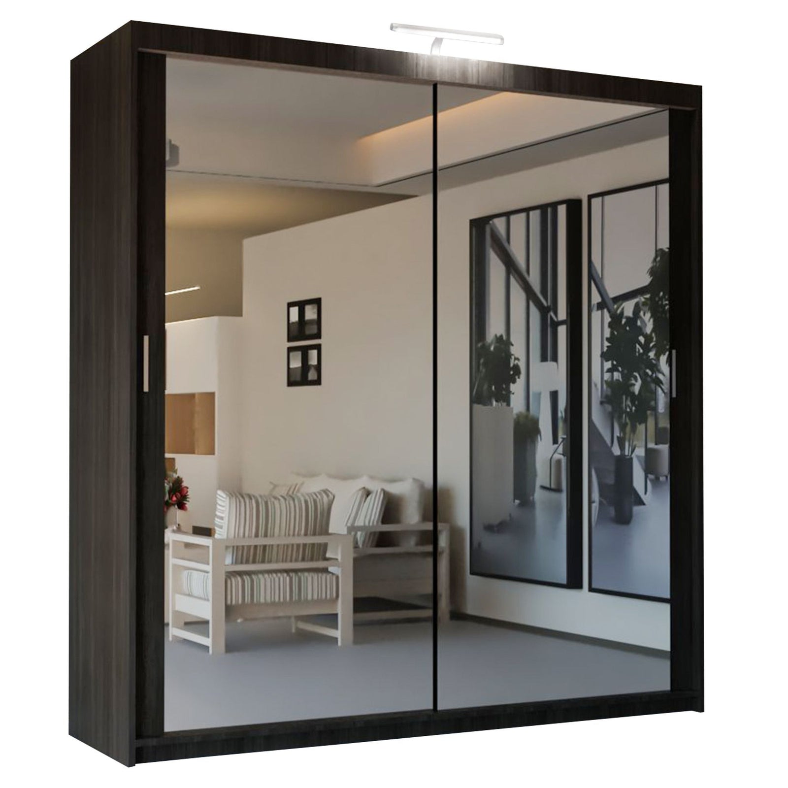 CHOICEWARDROBE Modern Mirror Sliding Wardrobe with Top LED Light W150cm x H217cm in Dark Brown – image 3