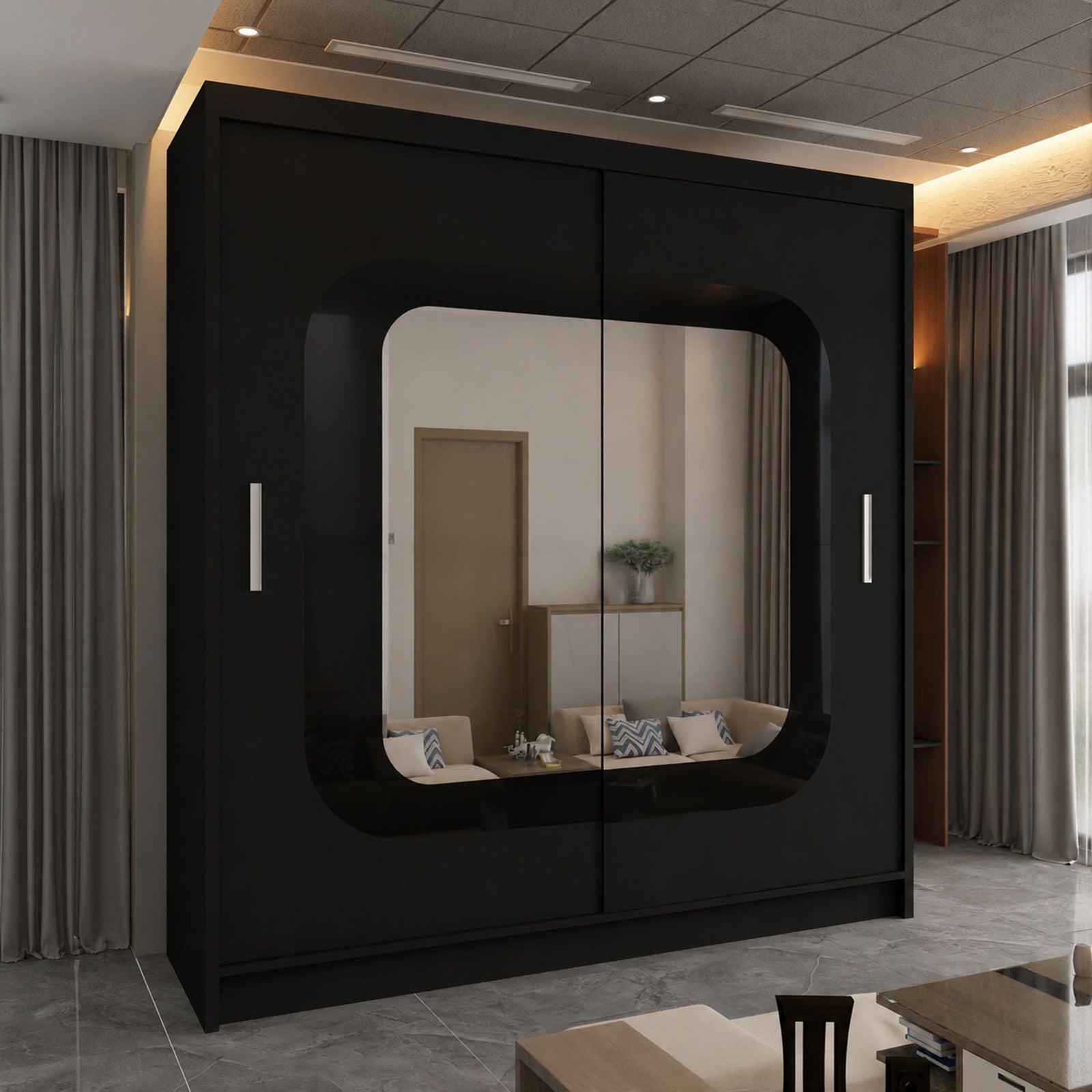 CHOICEWARDROBE Chenai Sliding Door Wardrobe with Mirror Glass Design W150cm x H217cm in Black – image 1
