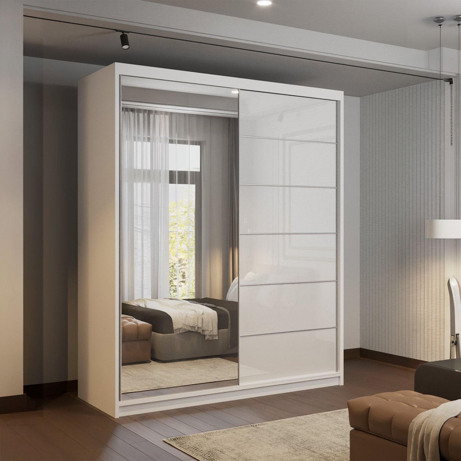 CHOICEWARDROBE Fusion High Gloss Sliding Mirror Door Wardrobe 150cm X 200cm in White – image 1