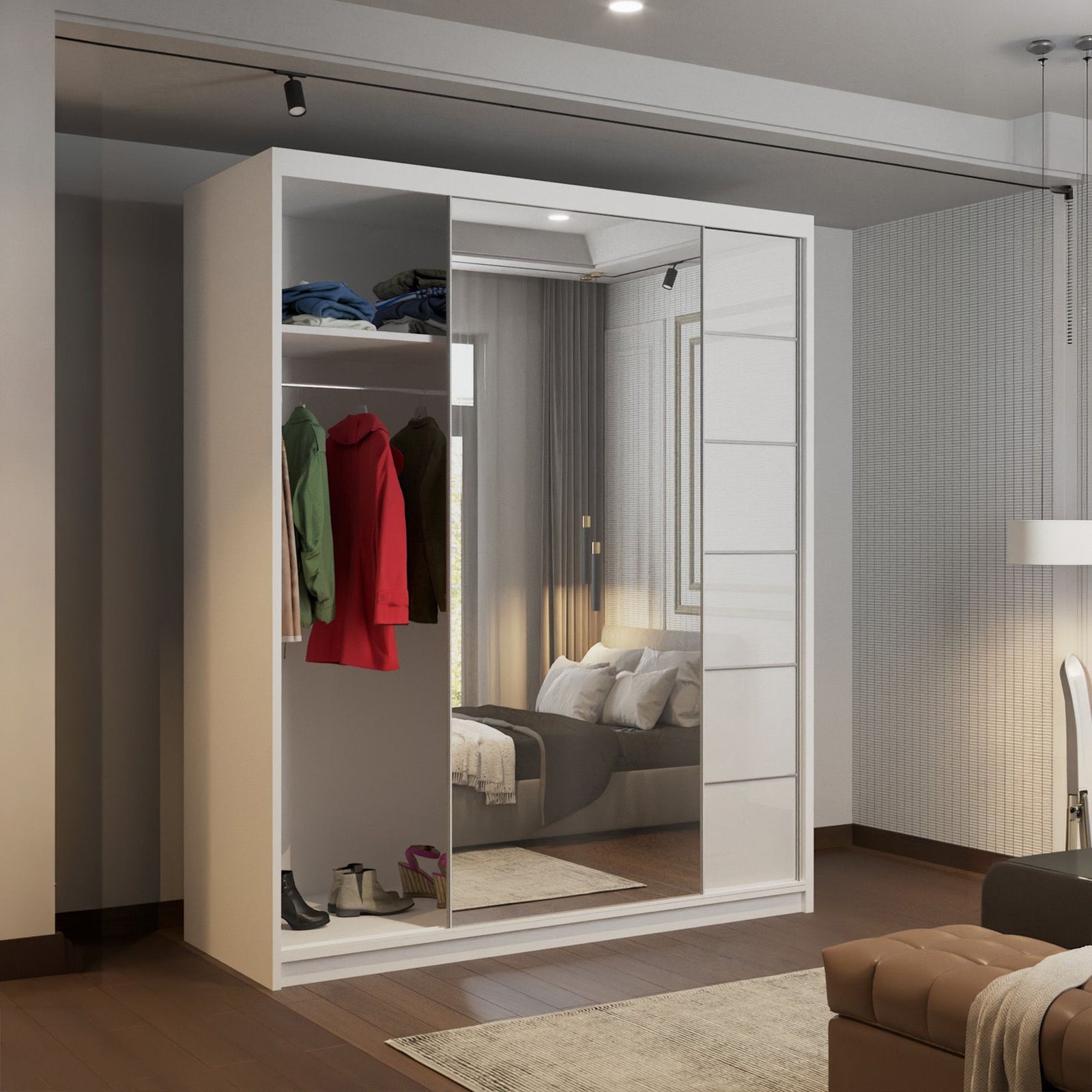 CHOICEWARDROBE Fusion High Gloss Sliding Mirror Door Wardrobe 150cm X 200cm in White – image 3