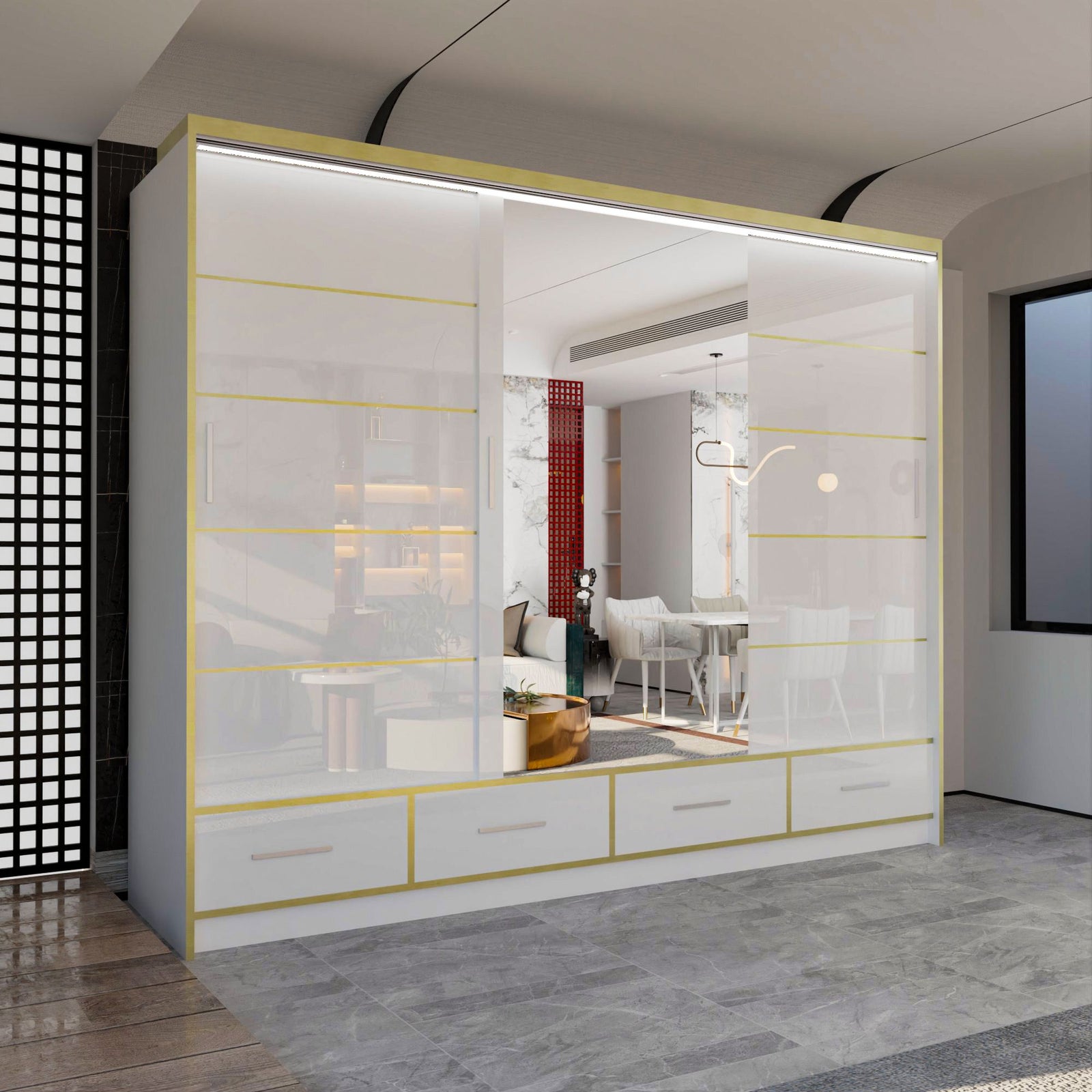 CHOICEWARDROBE Modern High Gloss Wardrobe with LED Light & Mirror Doors 253×220cm in White – image 1