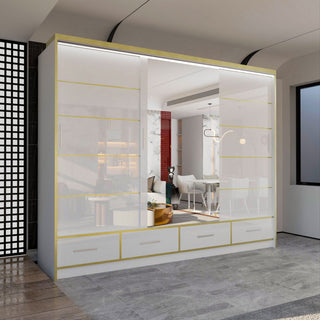 CHOICEWARDROBE Modern High Gloss Wardrobe with LED Light & Mirror Doors 253×220cm in White – image 1