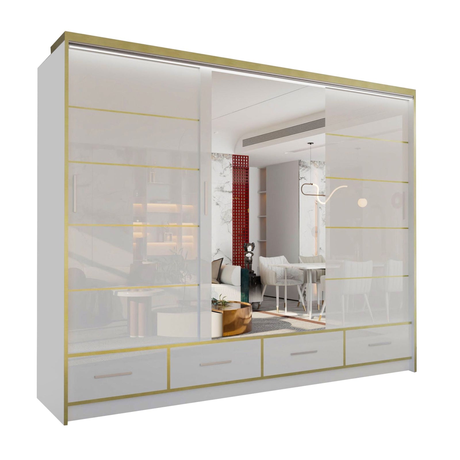 CHOICEWARDROBE Modern High Gloss Wardrobe with LED Light & Mirror Doors 253×220cm in White – image 2