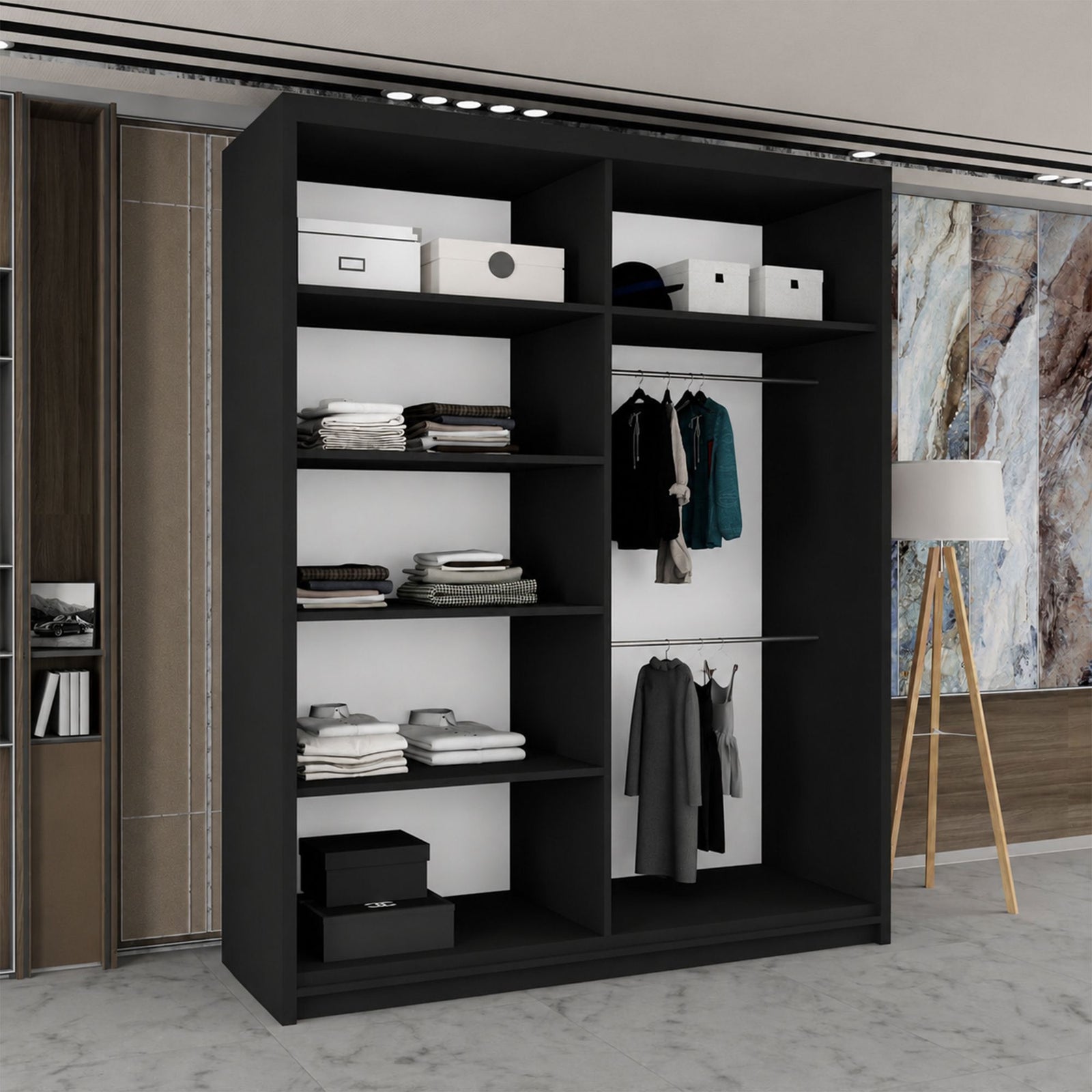 CHOICEWARDROBE Modern Double Sliding Wardrobe with LED Light W180cm x H217cm x D62cm in Black – image 3