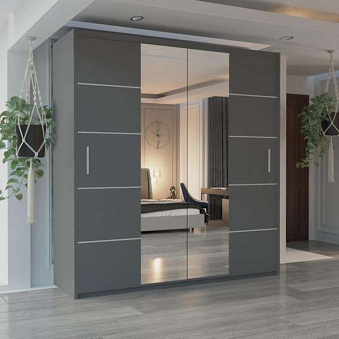 CHOICEWARDROBE Modern Sliding Wardrobe with LED Light W150cm x H217cm x D62cm in Grey – image 1