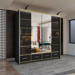 CHOICEWARDROBE Modern Gloss Wardrobe with LED Light & Mirror Doors 203×220cm in Black – image 1
