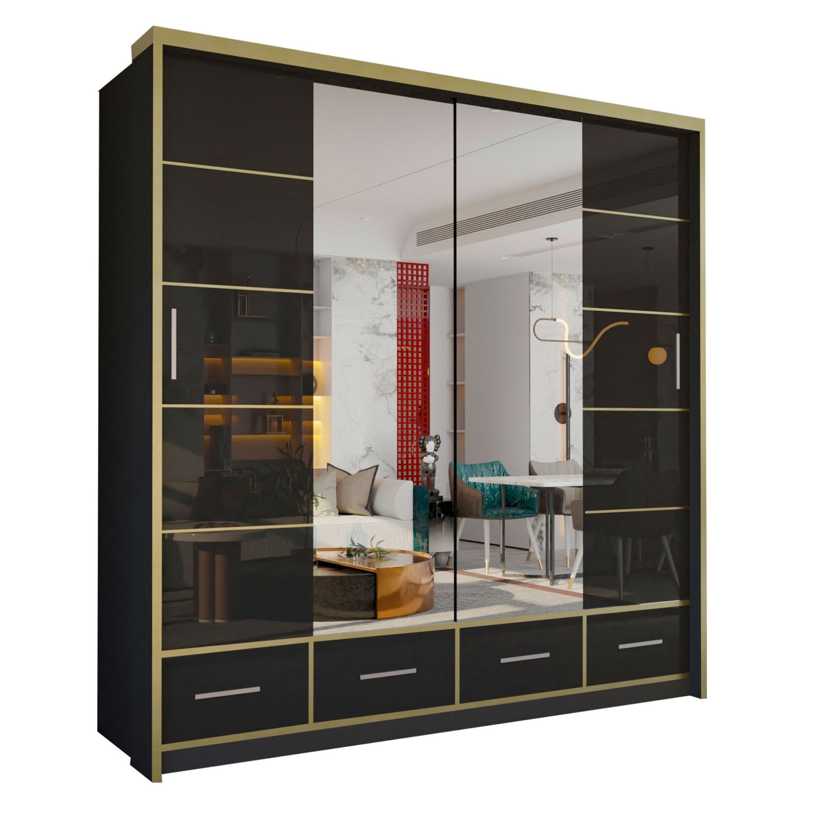 CHOICEWARDROBE Modern Gloss Wardrobe with LED Light & Mirror Doors 203×220cm in Black – image 2