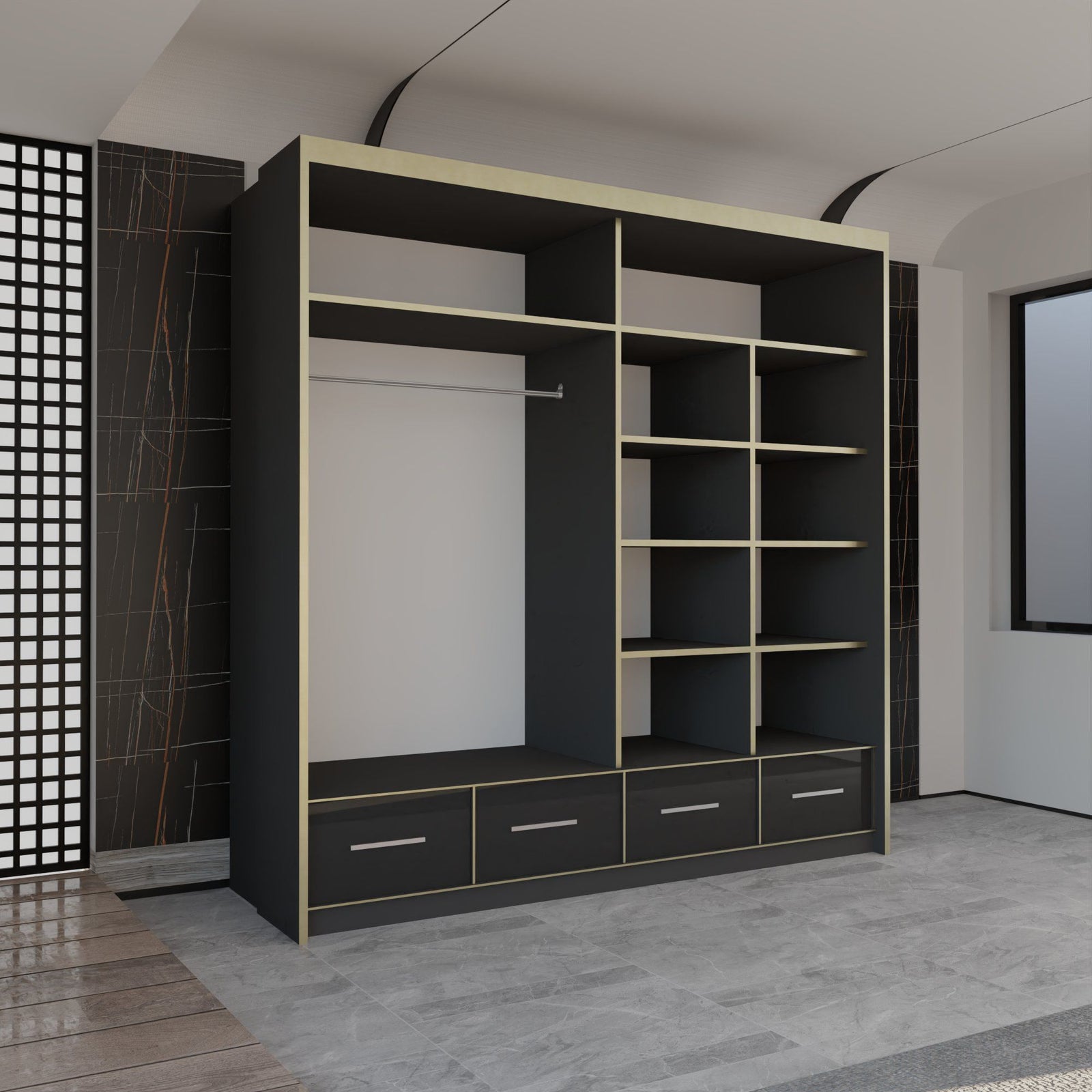 CHOICEWARDROBE Modern Gloss Wardrobe with LED Light & Mirror Doors 203×220cm in Black – image 3