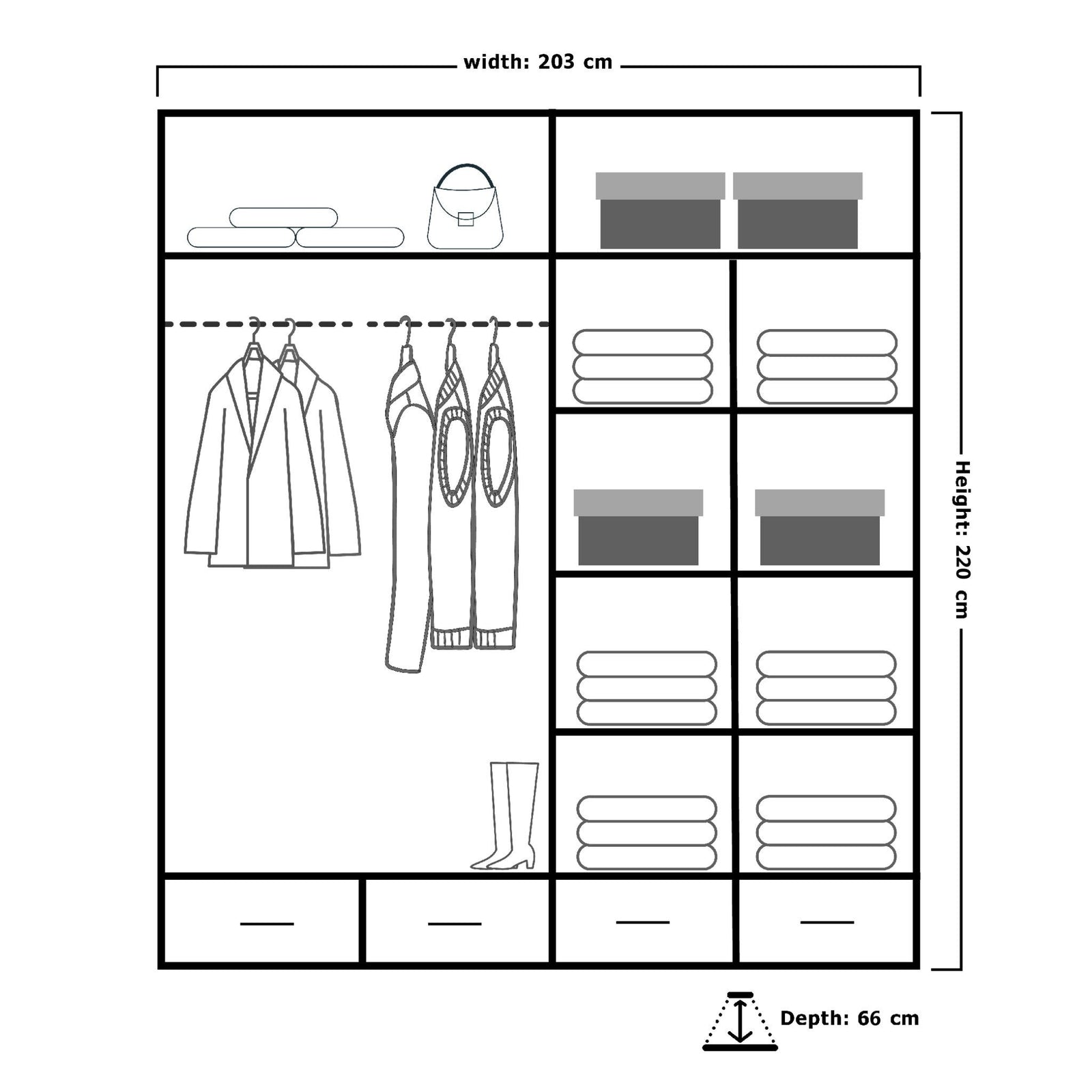 CHOICEWARDROBE Modern Gloss Wardrobe with LED Light & Mirror Doors 203×220cm in Black – image 4