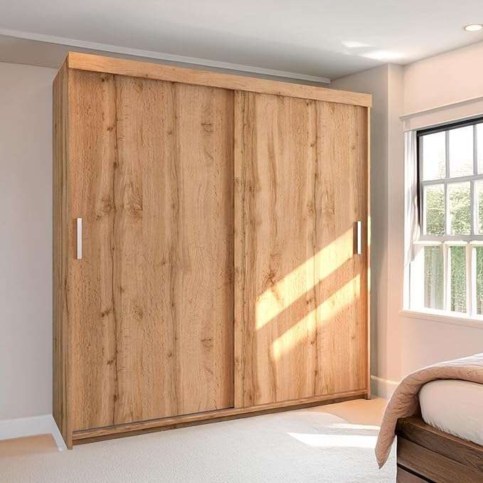CHOICEWARDROBE Modern Sliding Wardrobe with LED Light W 203cm x H 217cm x D 62cm in Light Oak – image 1