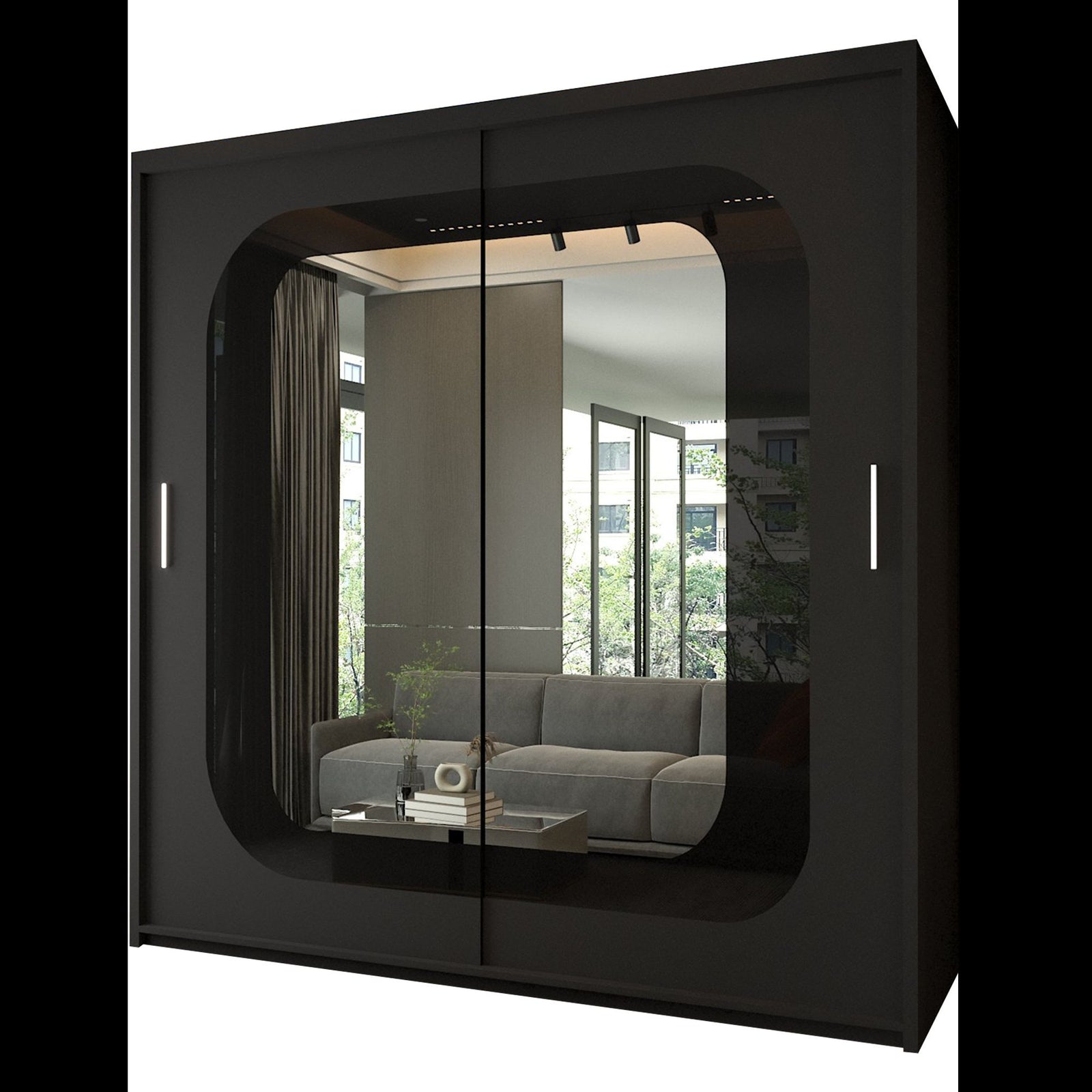 CHOICEWARDROBE Modern Double Door Sliding Wardrobe With LED Light W150cm x H217cm in Black – image 2
