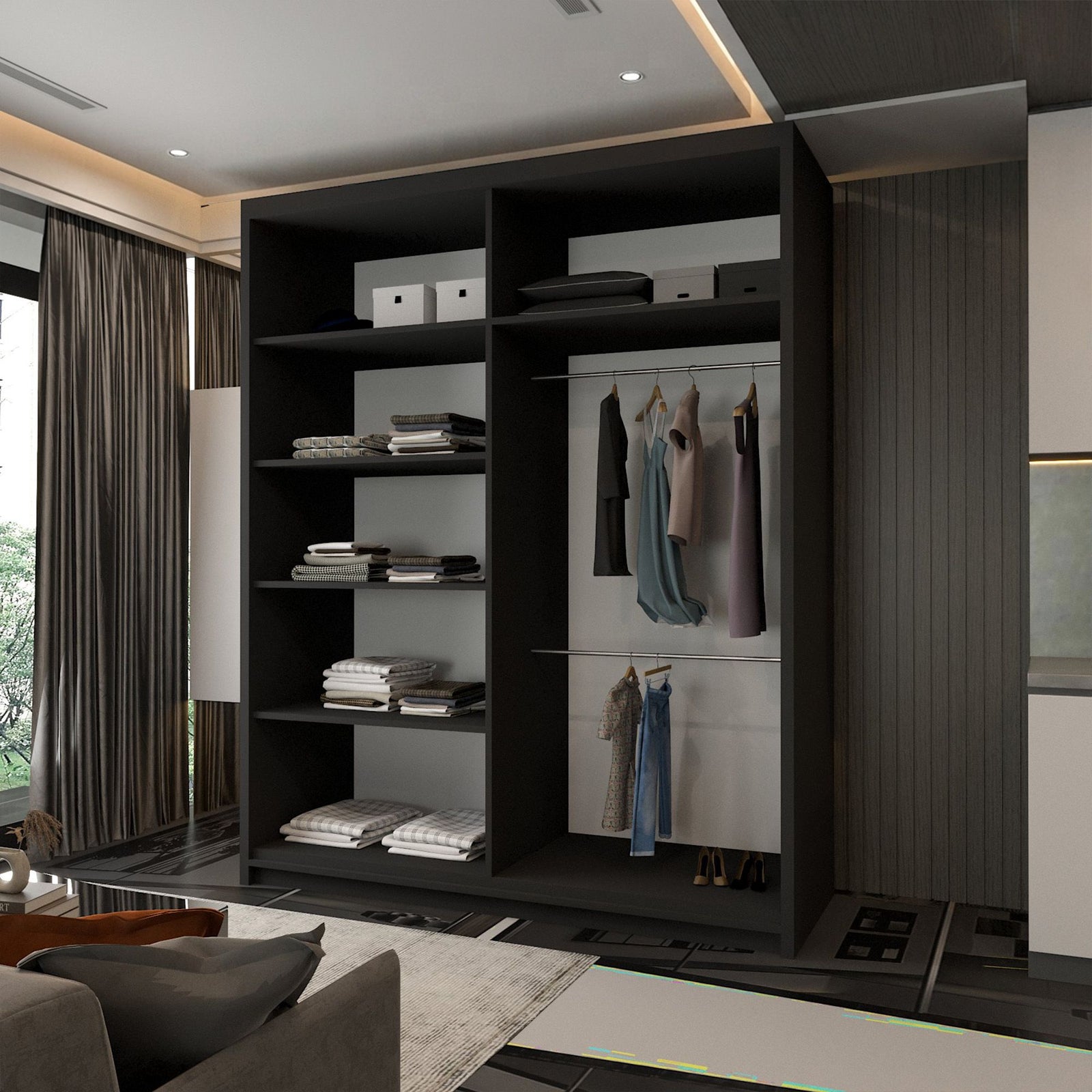 CHOICEWARDROBE Modern Double Door Sliding Wardrobe With LED Light W150cm x H217cm in Black – image 3