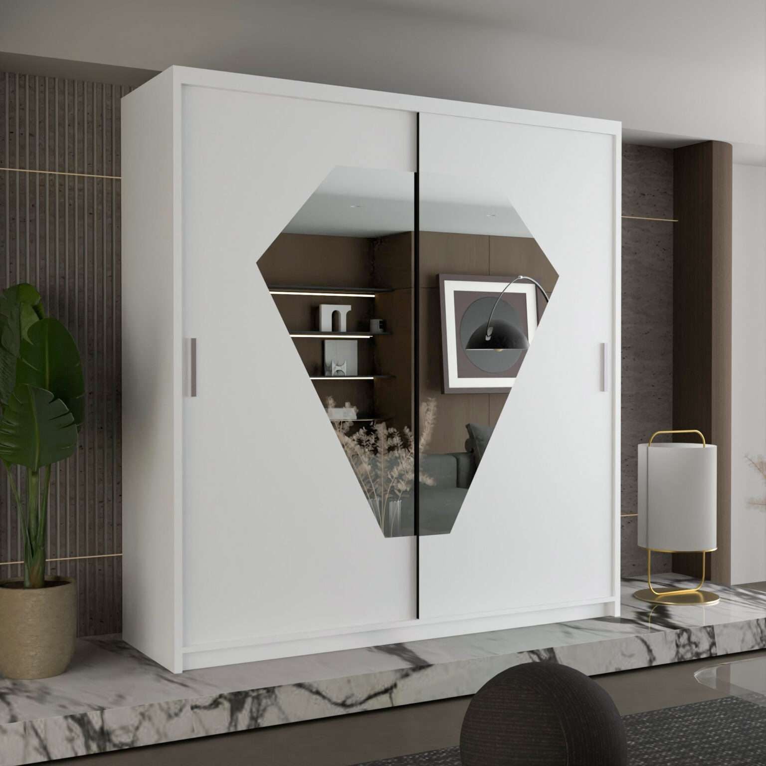 CHOICEWARDROBE Contemporary Double Door Sliding Wardrobe with Decorative Mirror – 150cm in White – image 1